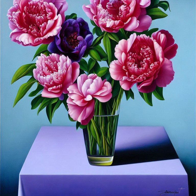 Realistic painting of vibrant pink and purple peonies in clear glass vase