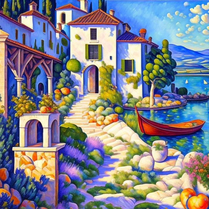 Colorful Mediterranean Coastal Village Painting with White Houses & Blue Sea