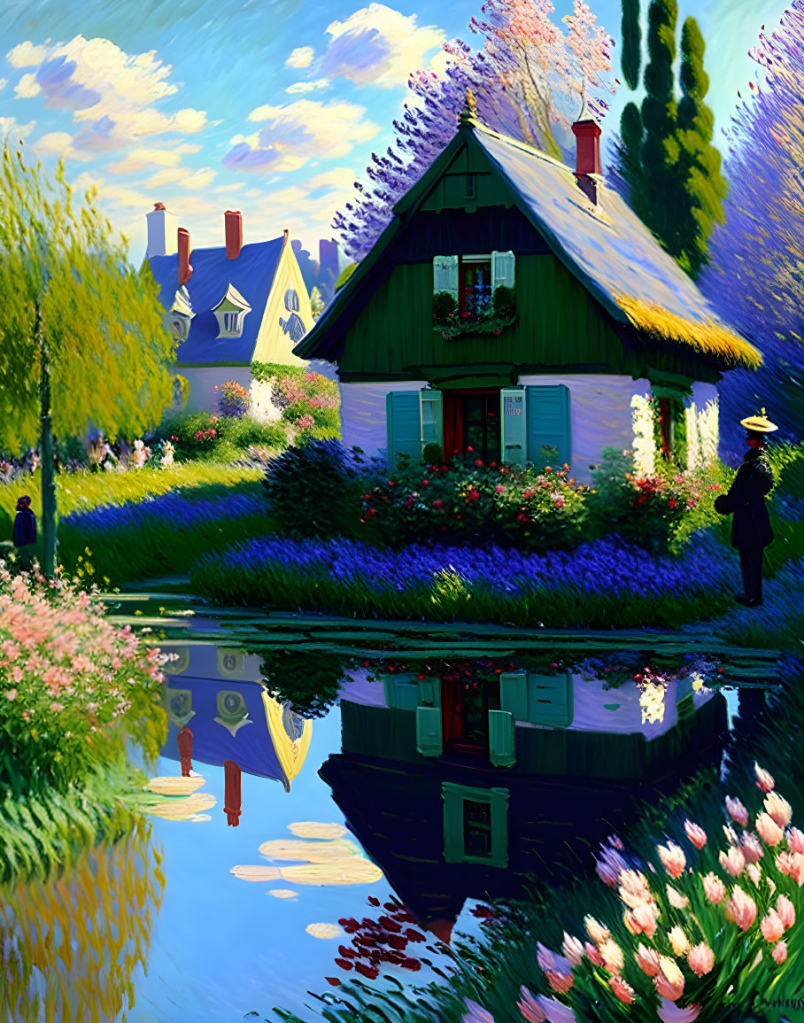 Colorful painting: house by pond with gardens, flowers, reflection, and figure.