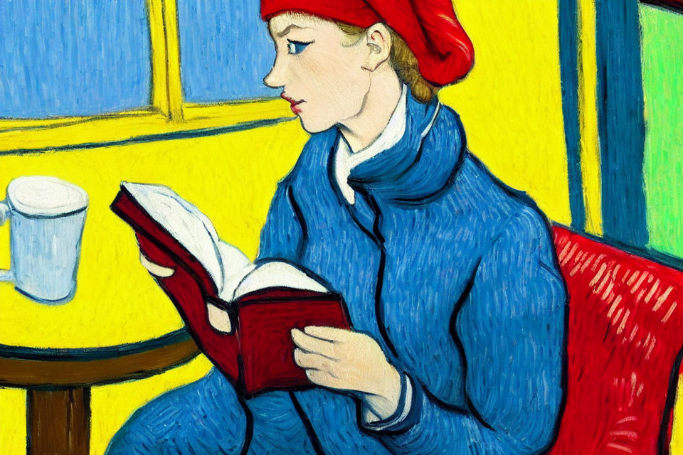 Person in Blue Coat and Red Hat Reading Book with Cup on Table