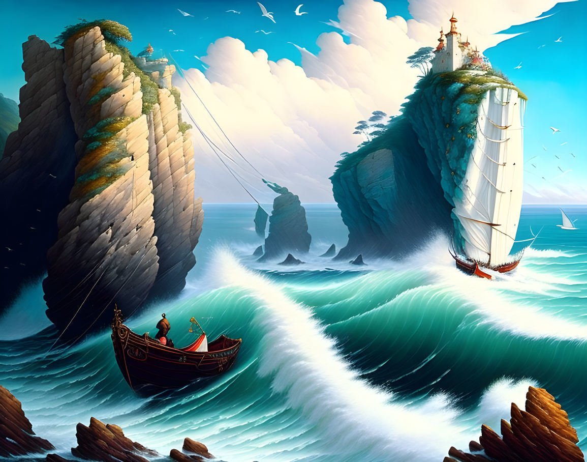 Fantasy seascape with cliffs, sailing ship, rowboat & figures