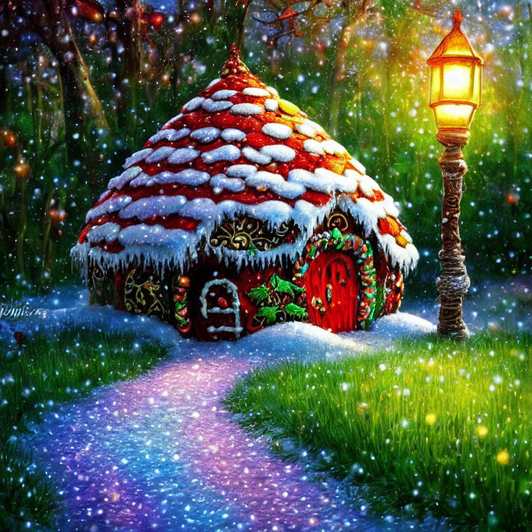 Snow-covered gingerbread house with colorful decorations and glowing lantern.