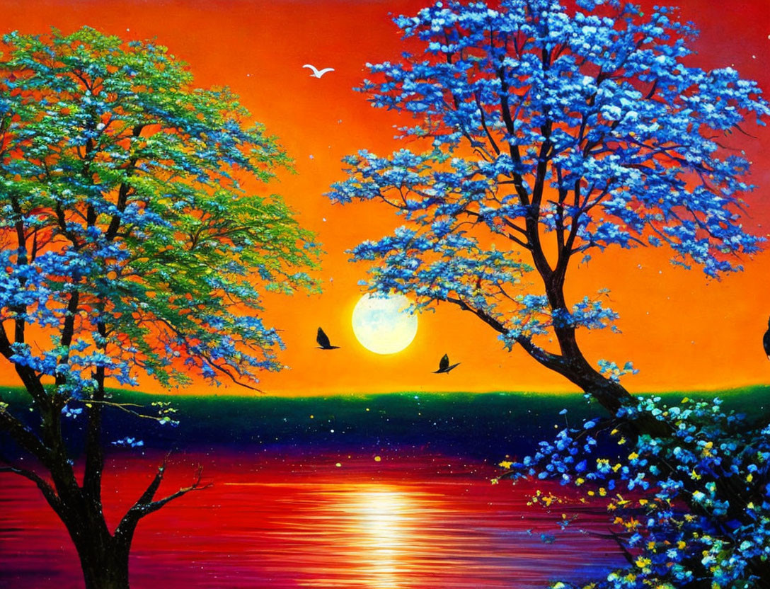 Colorful sunset painting with orange sun, blue trees, birds, and red water.