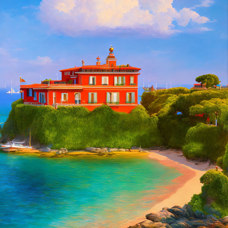 Scenic red villa by lush beach with sailboats and clear sky