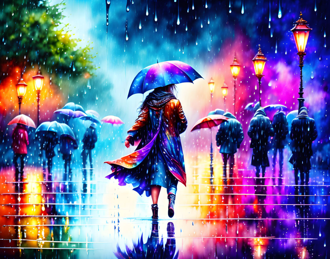 Colorful Painting of Person with Umbrella on Rainy Street