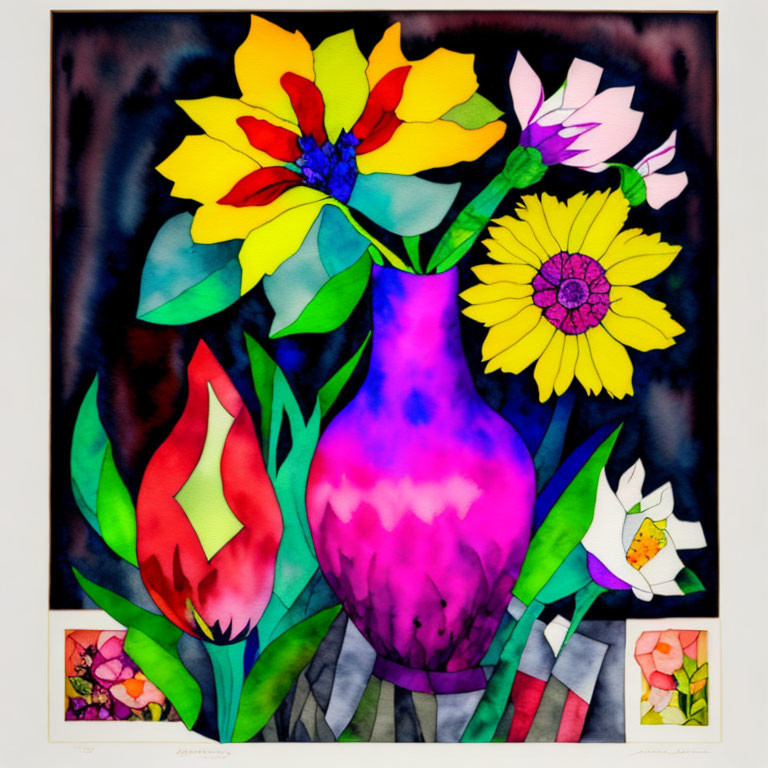Colorful floral painting with purple vase on abstract background