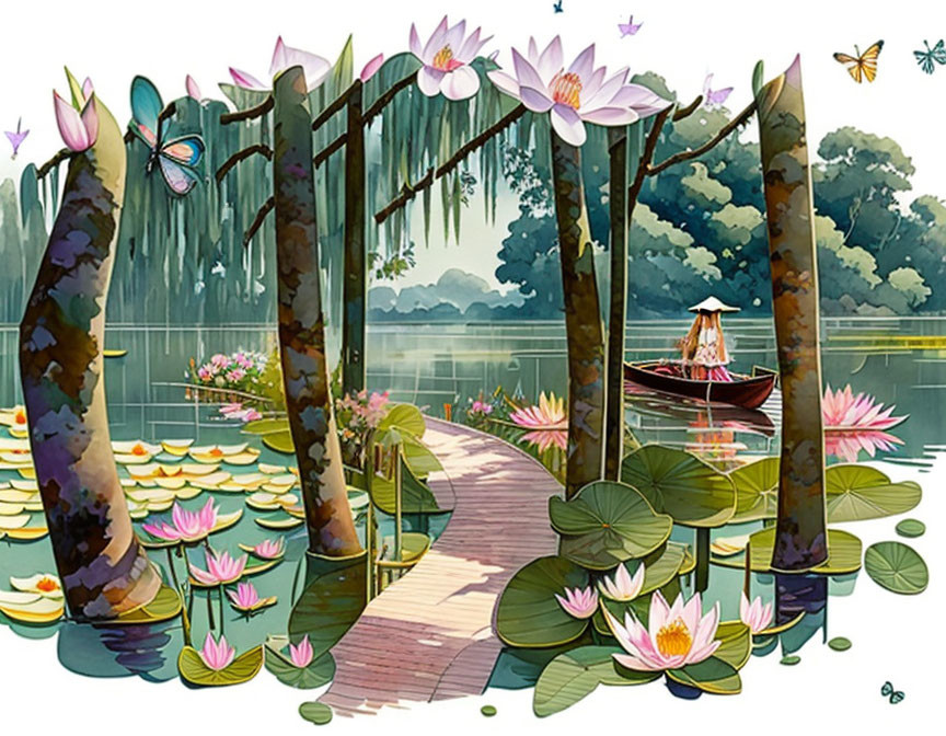 Tranquil water lilies, wooden path, boat, and butterflies in serene lake scene