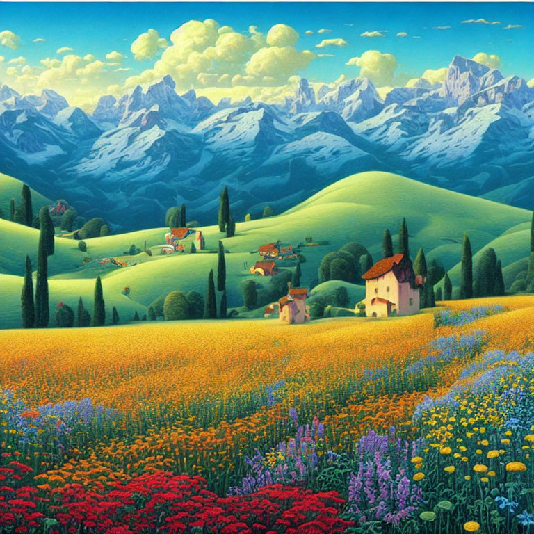 Scenic painting of colorful countryside with flower fields and snow-capped mountains