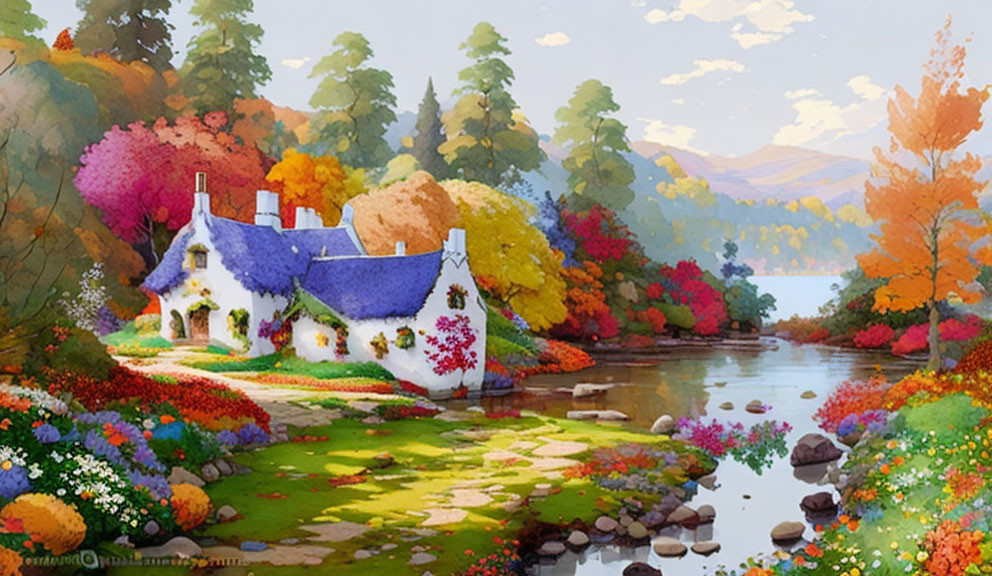 Autumnal cottage by river with mountains and colorful trees