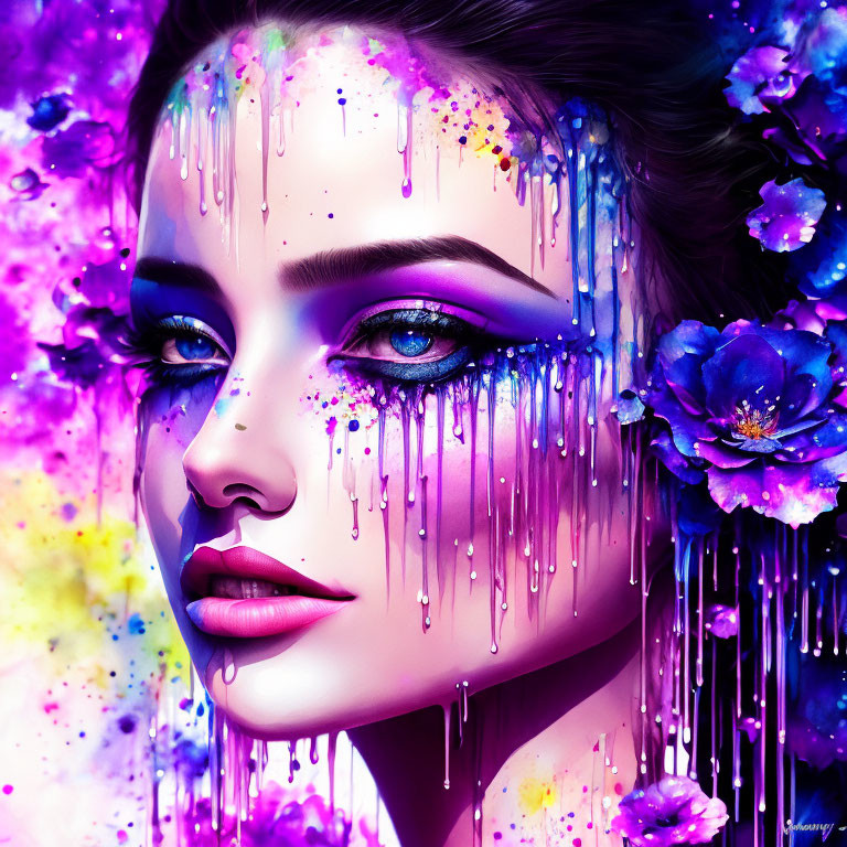 Colorful digital artwork: Woman's face with purple and blue flowers and dripping paint