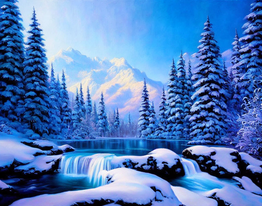 Snow-covered trees, cascading waterfall, blue lake, mountains - serene winter landscape