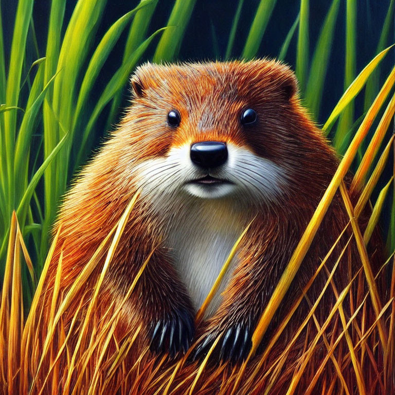 Brown and White Otter Peeking Through Tall Green Grass