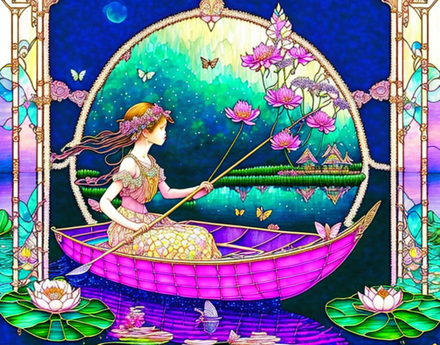 Traditional dress woman rowing boat among lotus flowers and butterflies