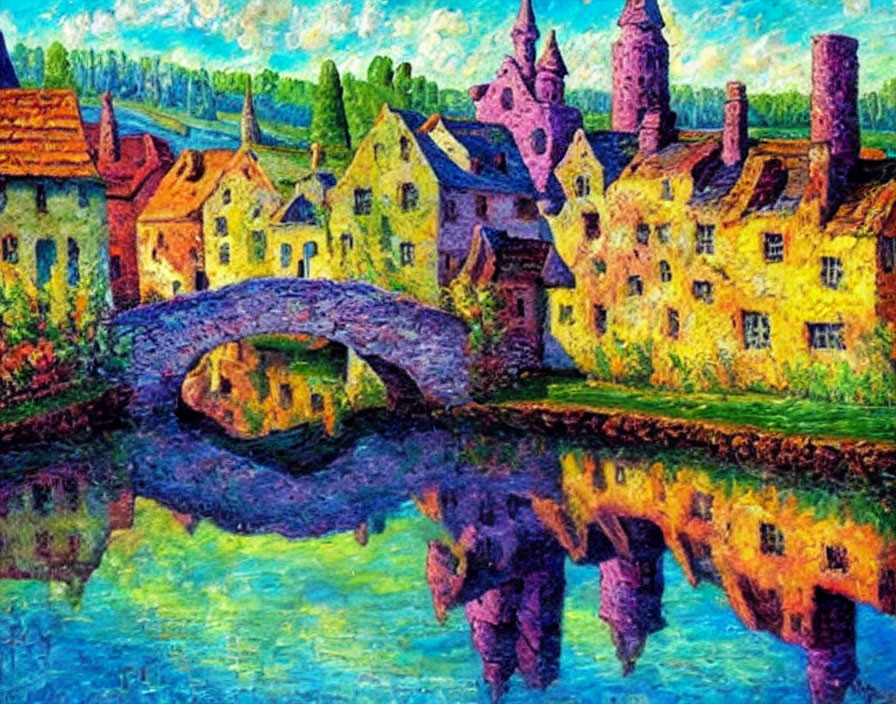 Impressionistic painting of quaint village with stone bridge & colorful houses