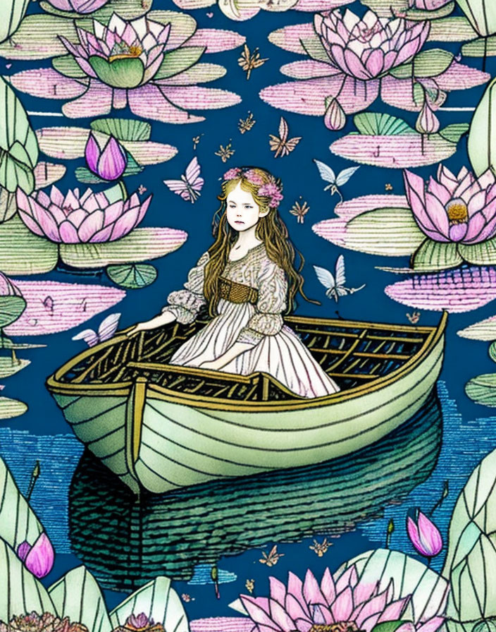 Vintage Dress Girl in Boat Surrounded by Pink Lotus Flowers