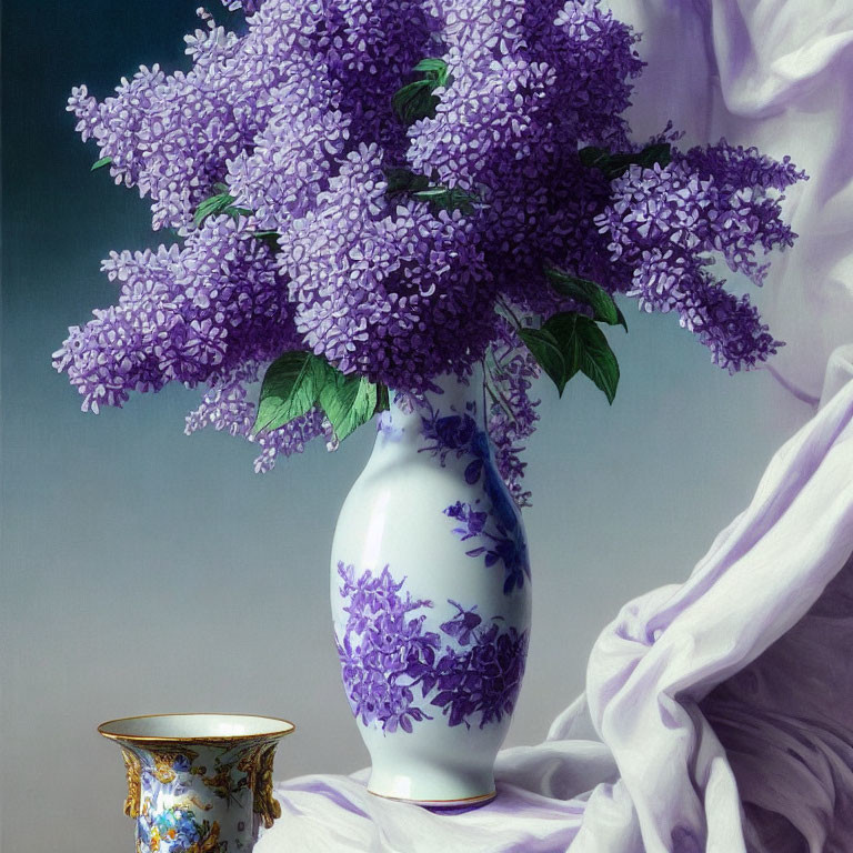 Purple lilacs bouquet in blue and white vase with gold cup on lavender backdrop