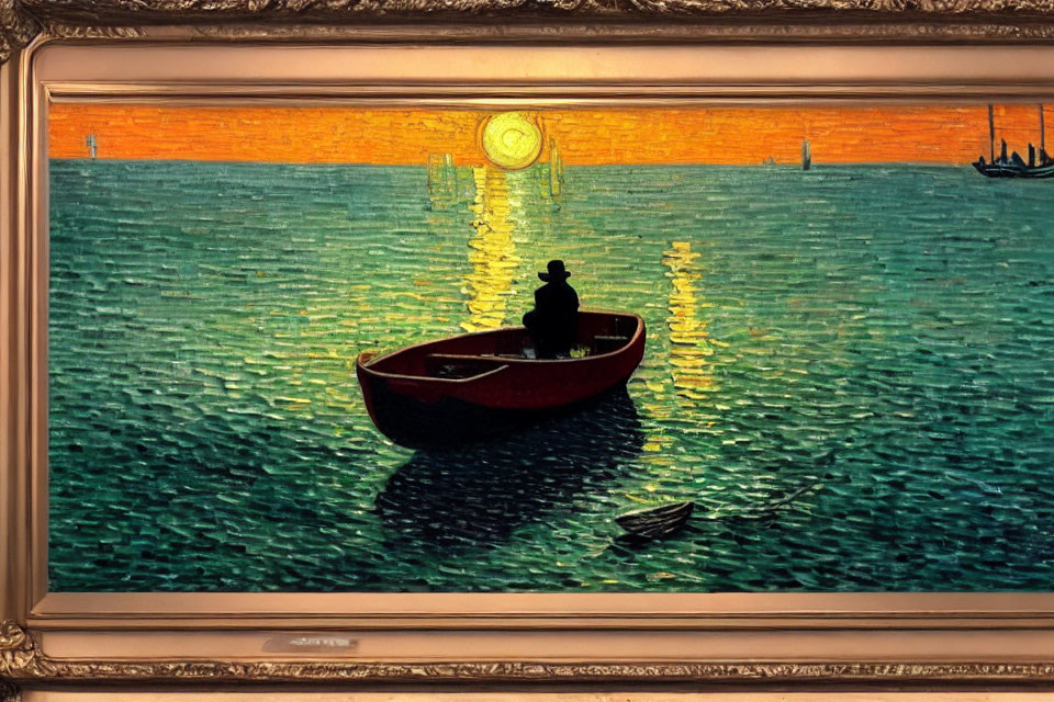 Solitary figure in red boat on shimmering water at sunset or sunrise