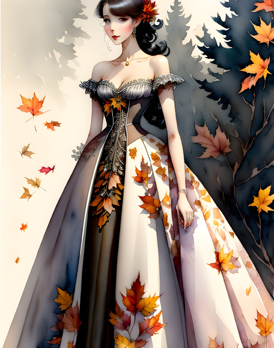 Illustrated woman in elegant autumn dress with falling leaves against white tree backdrop