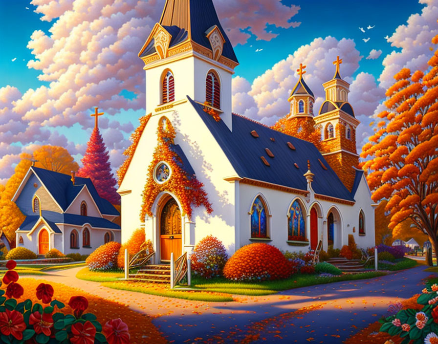 Colorful church illustration with spires amid autumn trees and sky