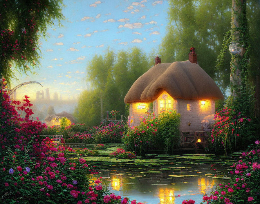 Thatched Cottage Surrounded by Gardens and Pond at Twilight
