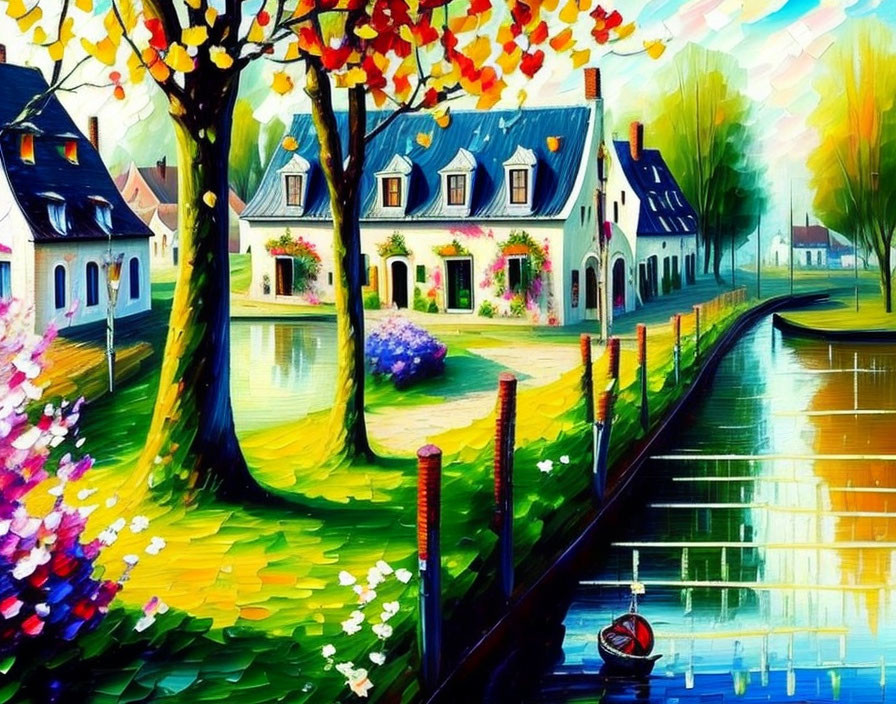 Colorful village street painting with canal, trees, flowers, and bright sky