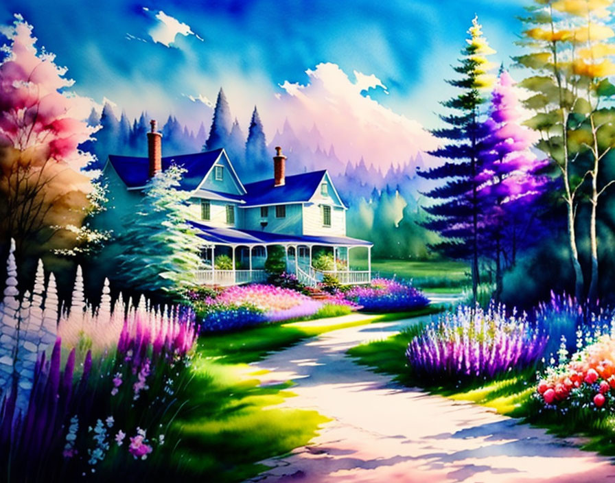 Colorful watercolor painting of a house with porch, garden, trees, and day to night sky