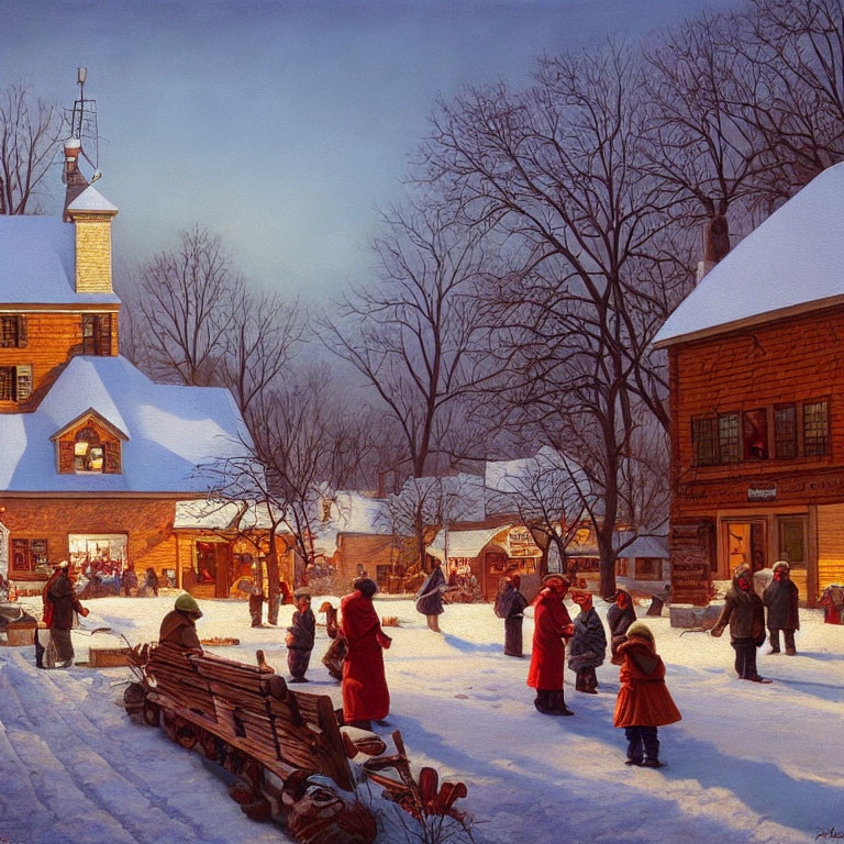 Winter Village Square Scene with Snow-Covered Roofs & Glowing Lights