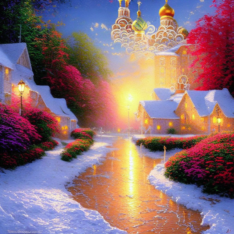 Winter scene with glowing path to ornate church amidst snow-covered cottages and pink flowers under twilight sky