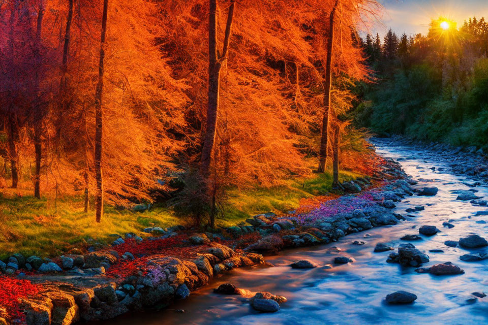 Vibrant Autumn Forest at Sunset by Serene River