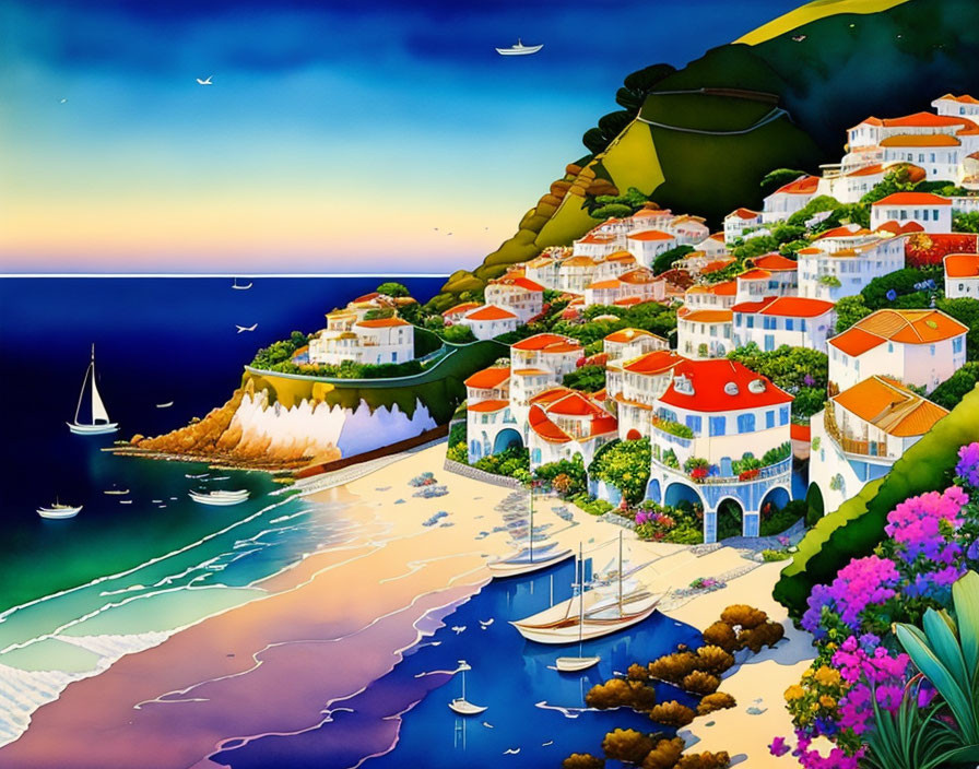 Scenic coastal village with terracotta rooftops by blue sea.