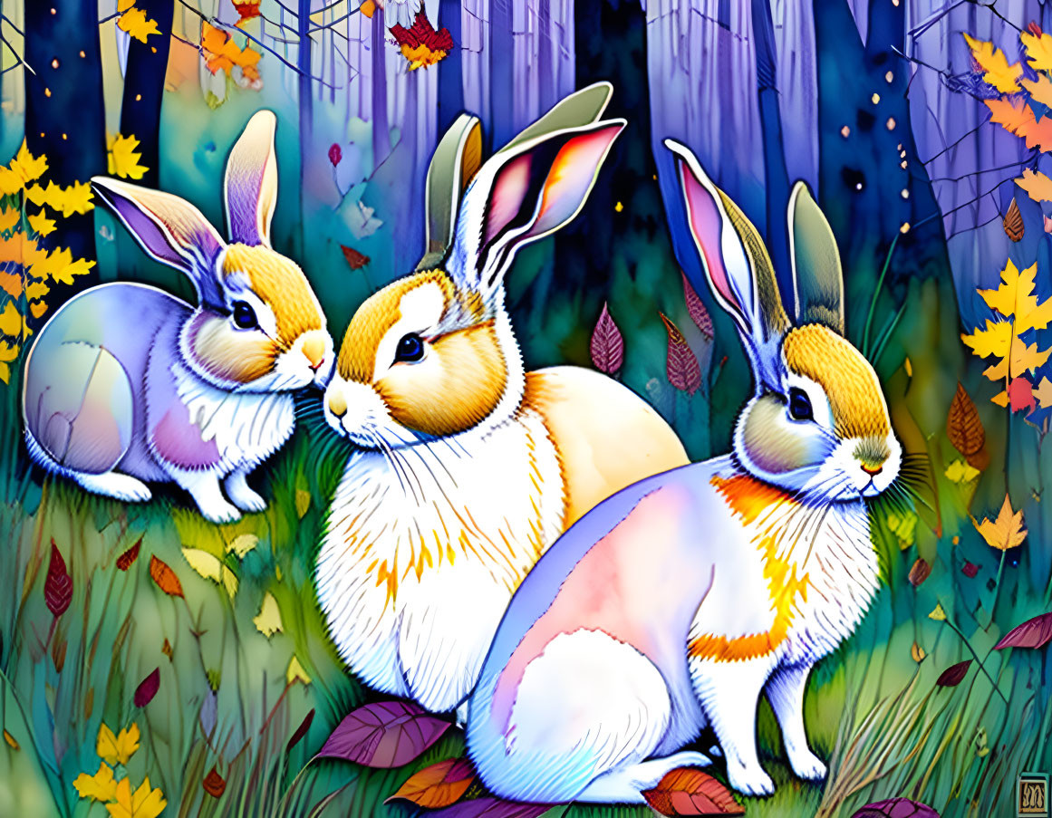 Vibrant autumn forest scene with three rabbits and colorful leaves