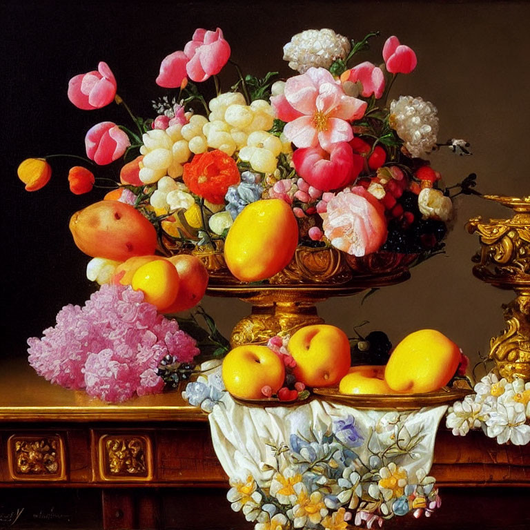 Colorful still life painting with bowl of flowers and fruits, draped cloth, and candlestick