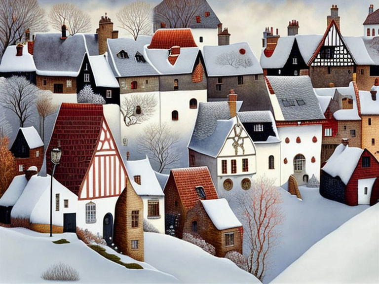 Snow-covered rooftops in a whimsical winter village