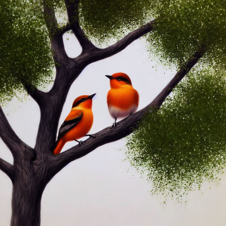 Vibrant orange birds with black markings on dark tree branch in lush green backdrop