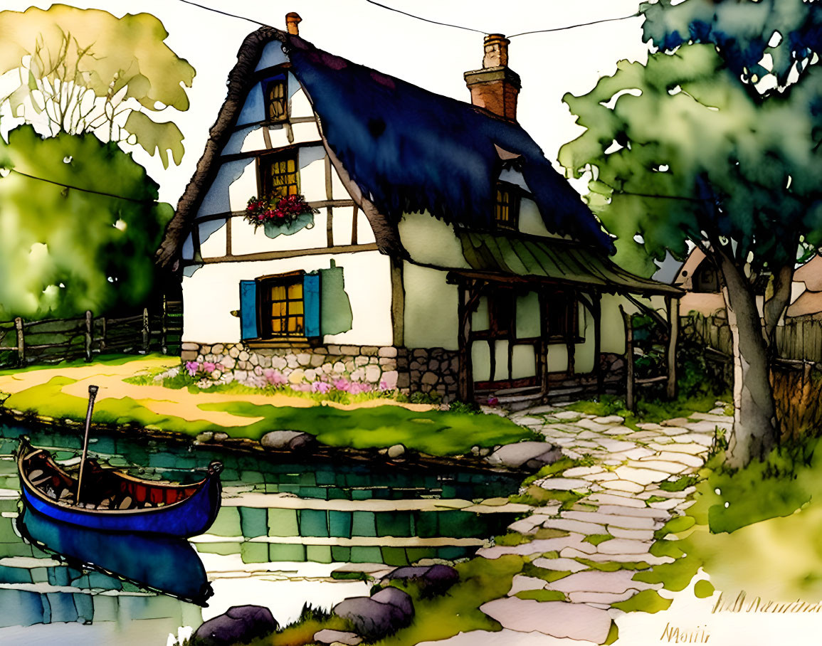 Traditional thatched cottage by river with boat - watercolor illustration