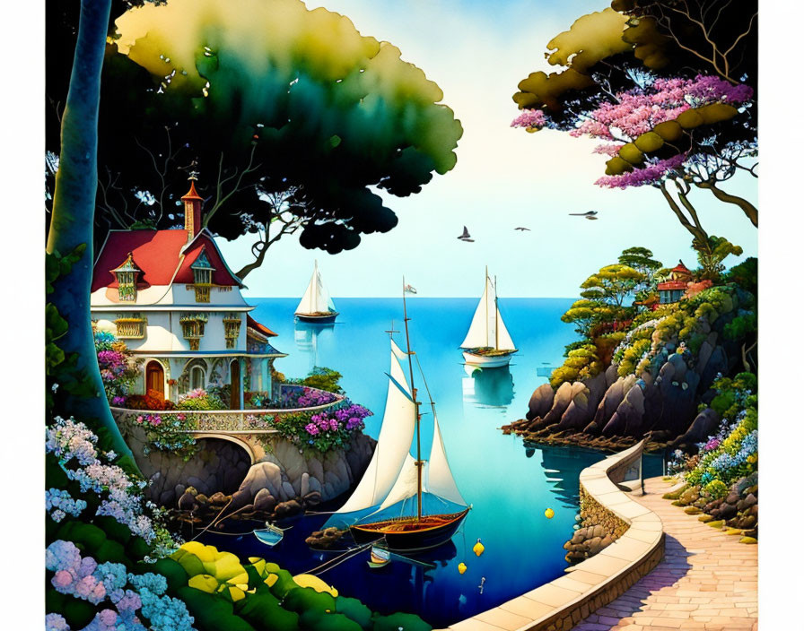 Victorian house in whimsical seaside landscape with sailboats and colorful flora