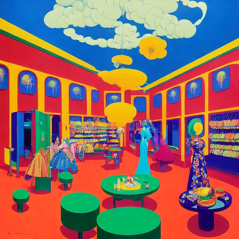 Colorful surreal boutique illustration with fashionably dressed characters and whimsical elements