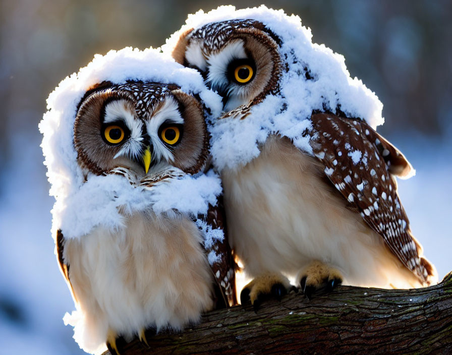 Snowy Owls Perched on Snow-Covered Branch