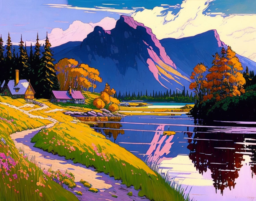 Vibrant landscape with mountains, lake, trees, path, cottages & sky