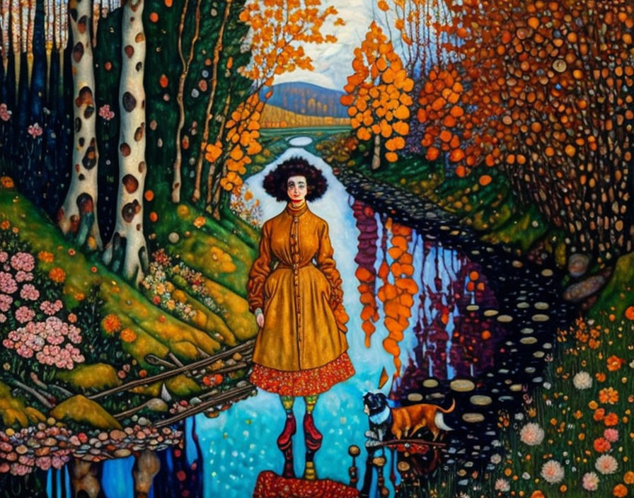 Woman in yellow coat with dog on vibrant autumn bridge