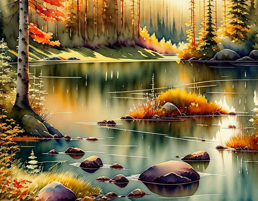 Tranquil autumn lake with colorful trees and gentle ripples