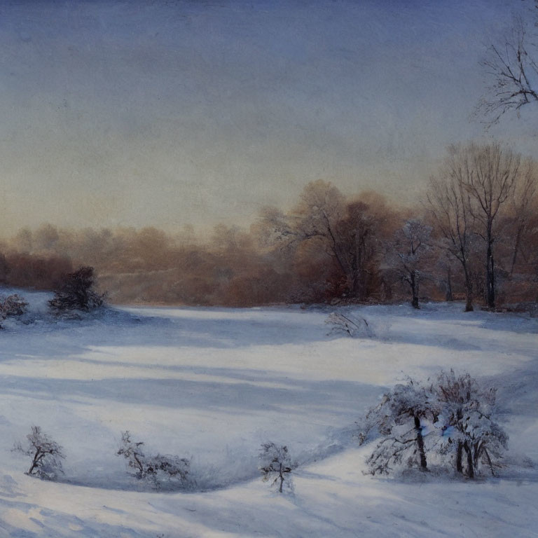 Snow-covered winter landscape with bare trees and soft glowing light