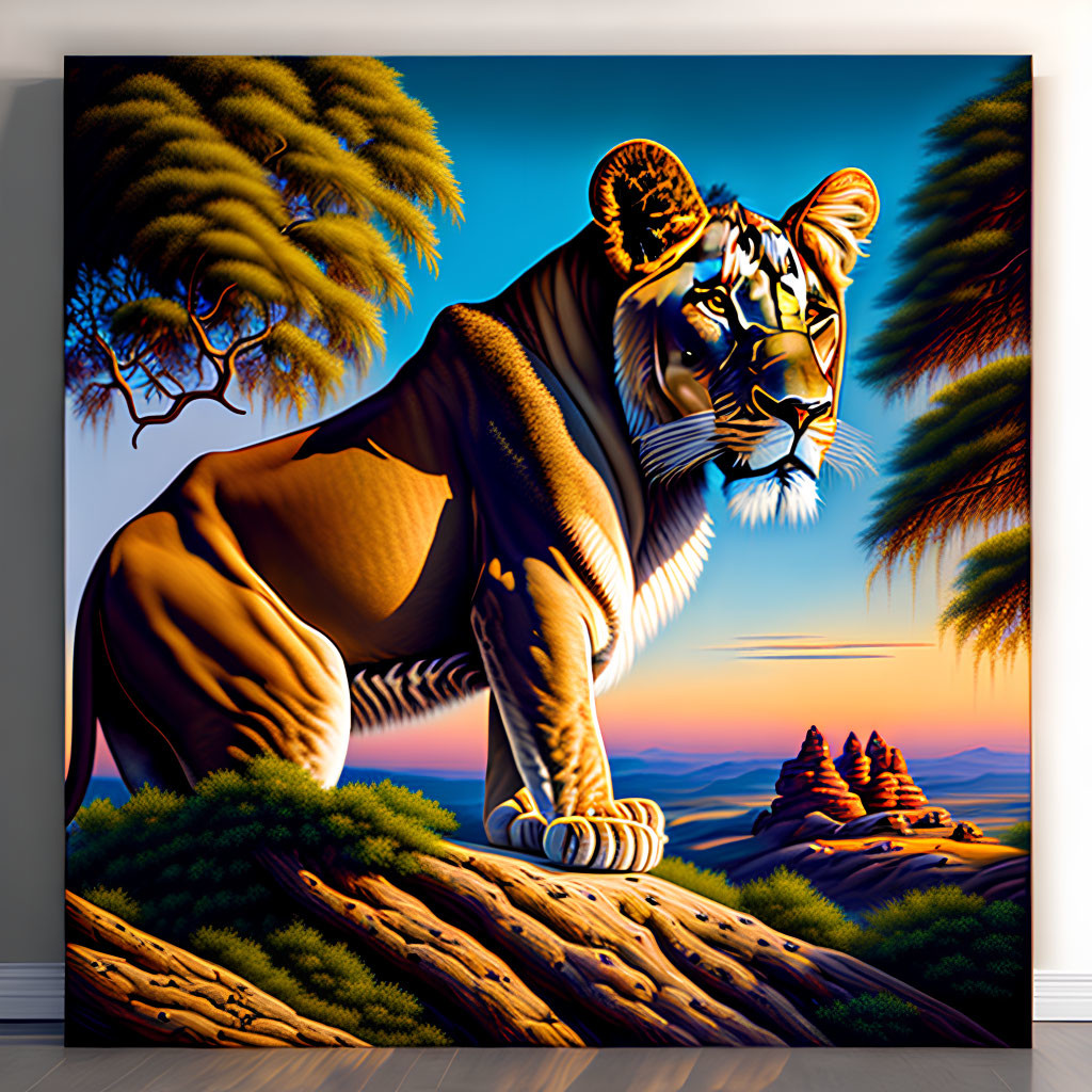Colorful Lioness Artwork on Canvas with Sunset Background