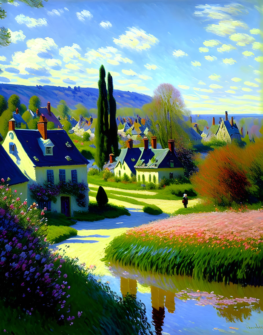 Colorful rural landscape with river, flowers, cottages under blue sky