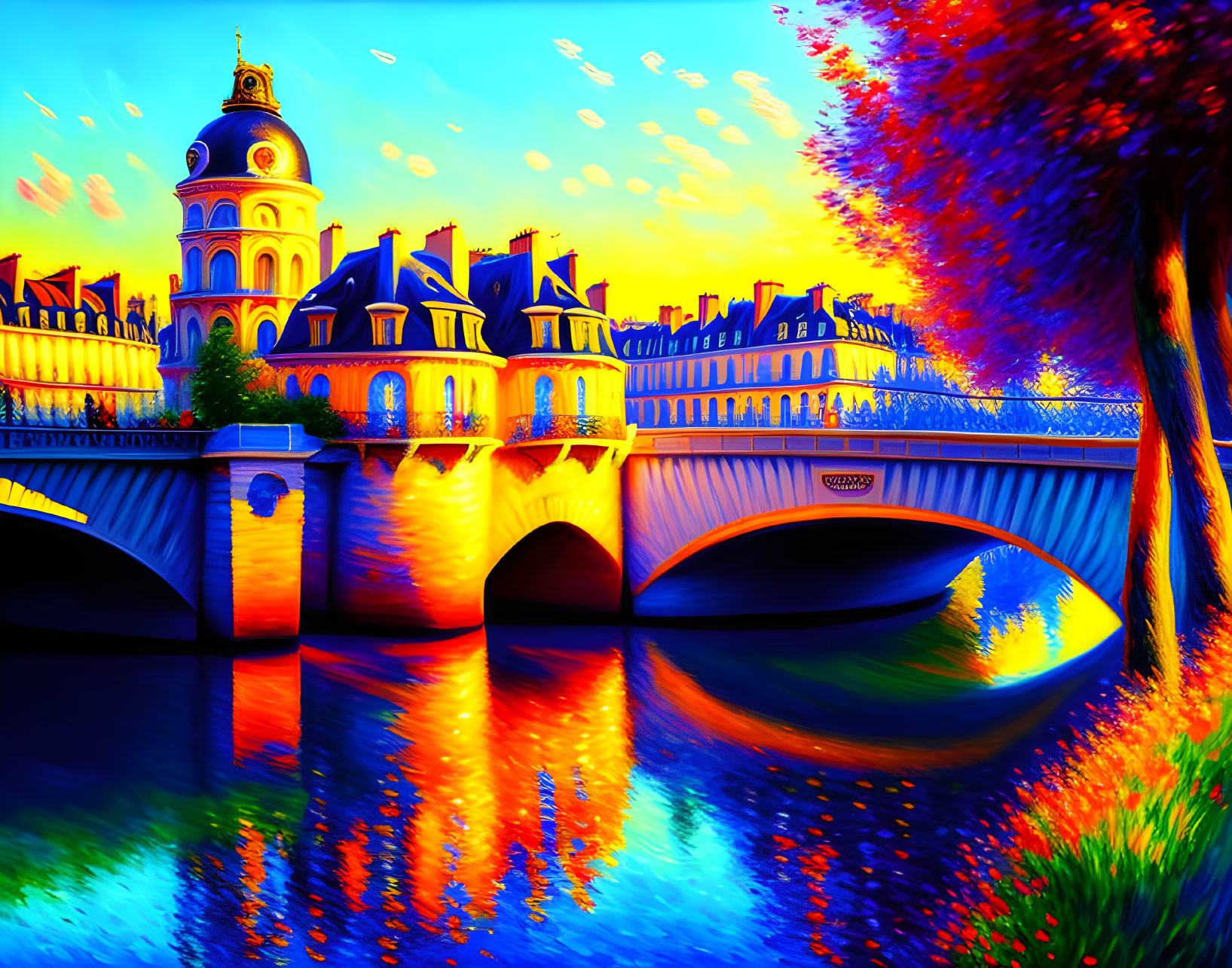 Stylized painting of Parisian riverside at sunset