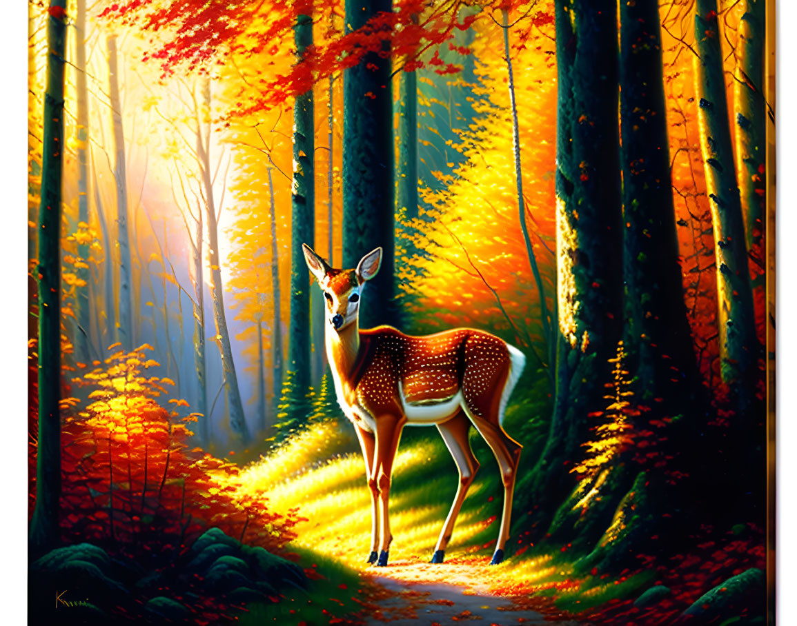 Young deer in vibrant autumn forest scene