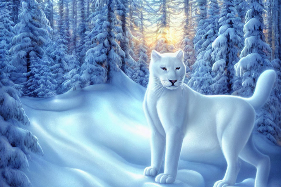 White lion in snow-covered forest at sunset
