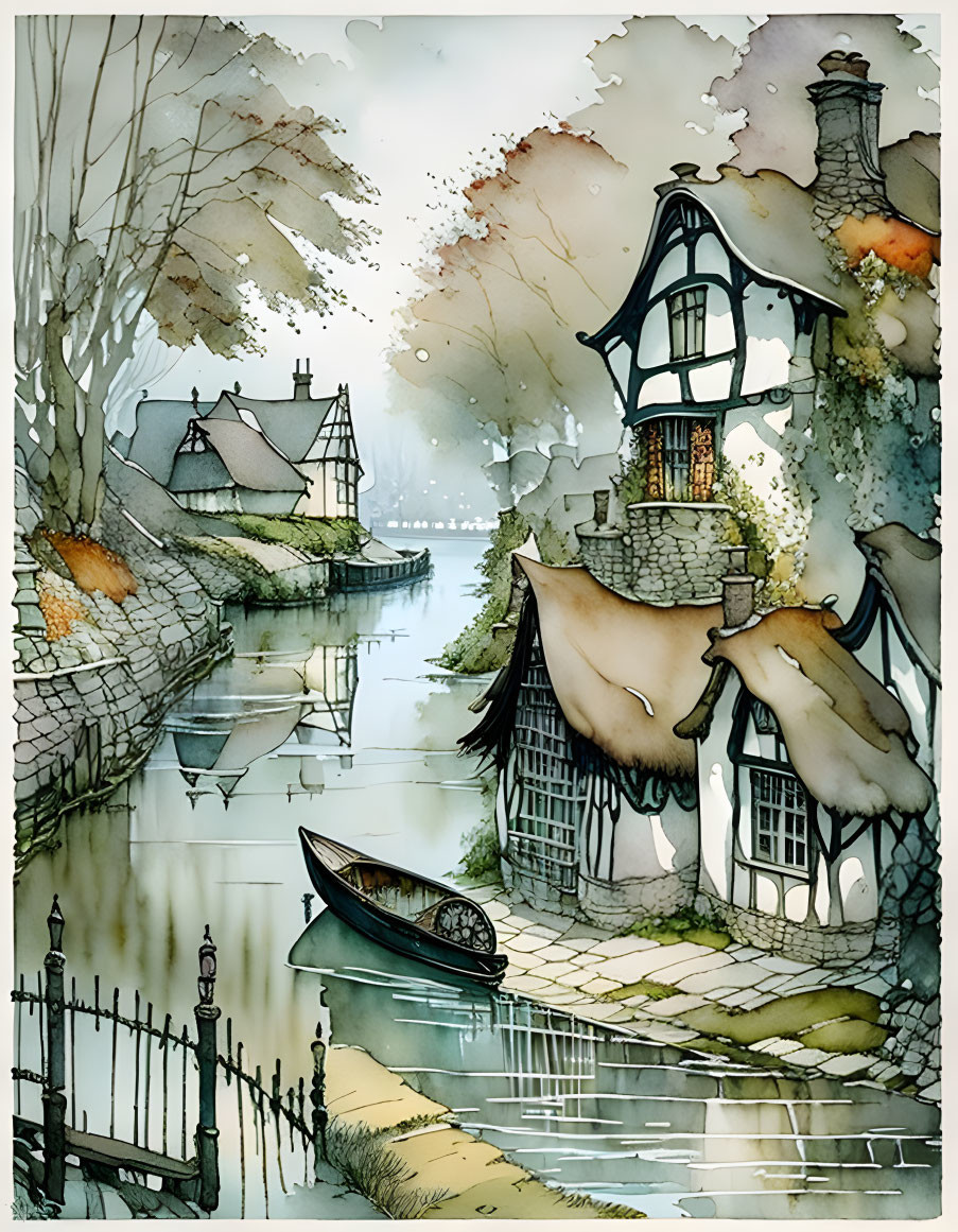 Tranquil Watercolor Painting of Thatched-Roof Village