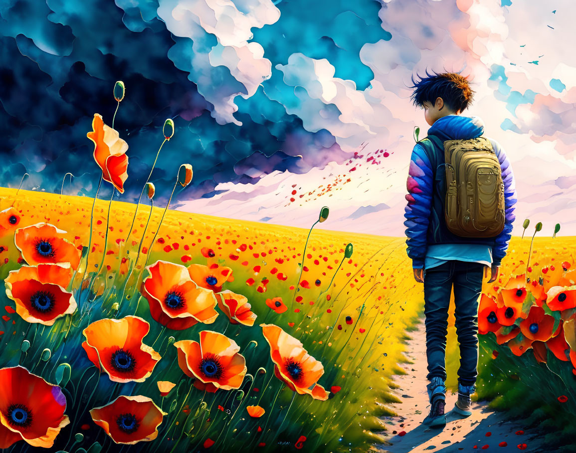 Person walking through vibrant field of red poppies under dramatic sky