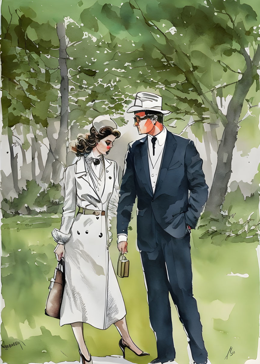 Vintage-style illustration of elegantly dressed couple in lush park conversing